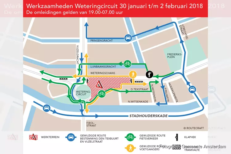 Omleidingsroute vanwege afsluiten oude gasleiding kruising Weteringschans/Tweede Weteringplantsoen