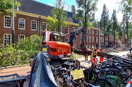 Boom valt op tramleiding op de Nieuwezijds Voorburgwal
