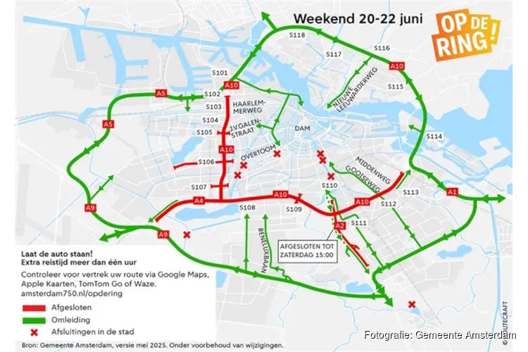 Weekend 20 tot en met 22 juni grote verkeershinder in en rond Amsterdam