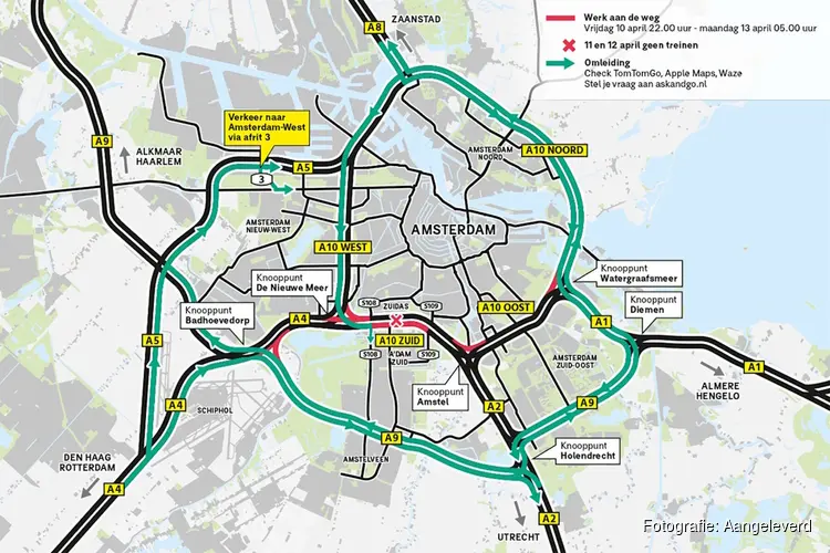 10-13 april: A10 Zuid in beide richtingen dicht en geen treinen naar Amsterdam Zuid